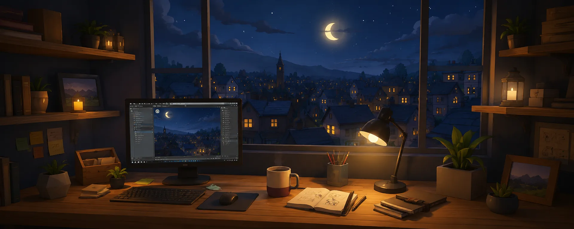 A cozy desk at night, with a monitor showing a rendering tool, a warm lamp, and a moonlit town visible through the window.