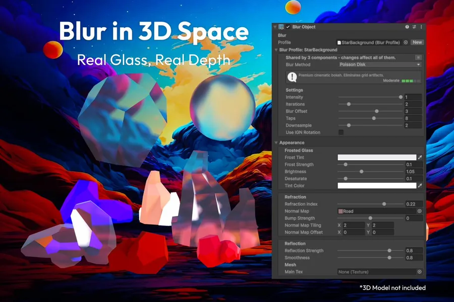 BlurObject Inspector on a 3D mesh with Poisson Disk blur profile and refraction settings