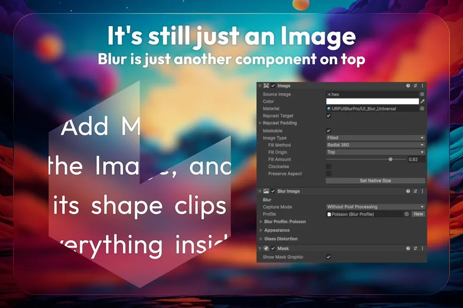 BlurImage component sitting alongside a standard UI Image and Mask component in the Inspector