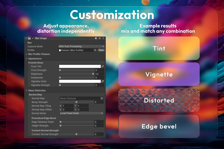 BlurImage appearance and glass distortion settings next to example tint, vignette, distortion, and edge bevel results