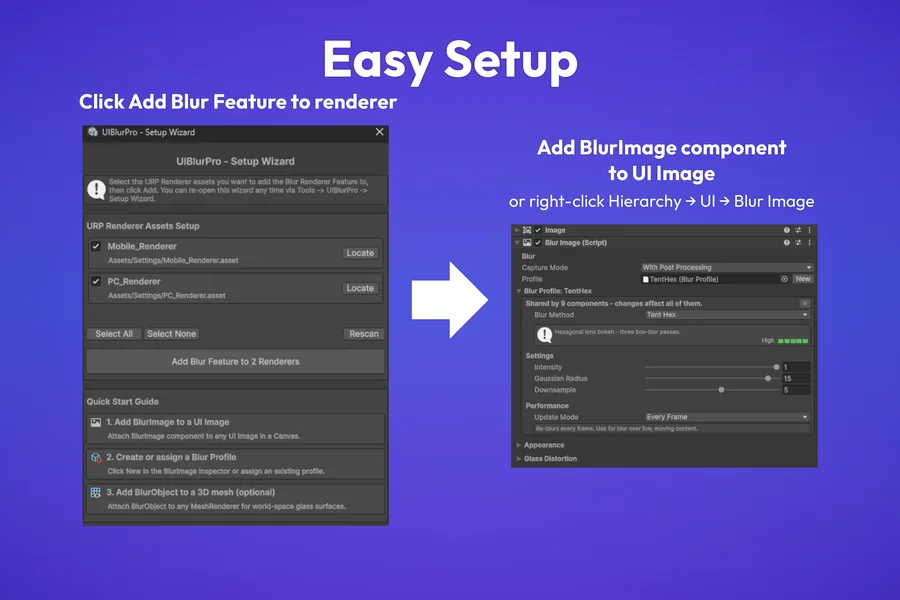 Setup Wizard adding the Blur renderer feature, then adding a BlurImage component to a UI Image